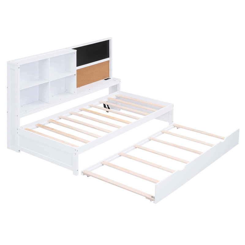 Lit de jour simple avec tablettes de rangement, tableau noir, tableau de liège, ports USB et lit gigogne simple, blanc