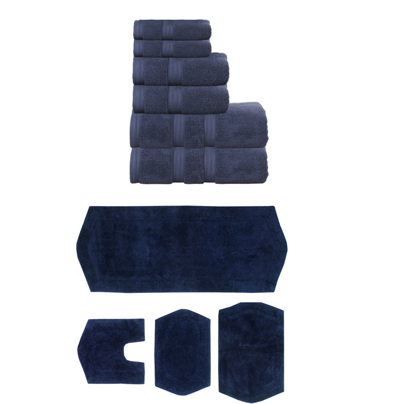 Ensemble de serviettes 6 pièces et de tapis de bain 4 pièces 100% coton doux Bryd Collection (ensemble de 10), Bleu marine