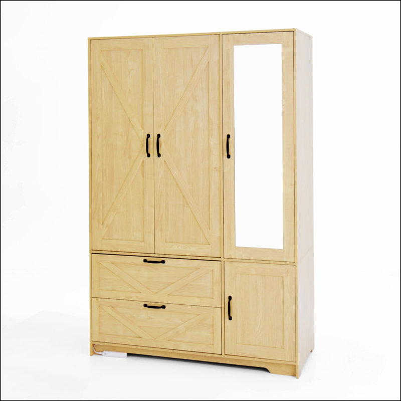 Armoire 4 portes avec miroir et DEL, armoire de rangement en bois avec tablettes réglables et 2 tiroirs, finition naturelle