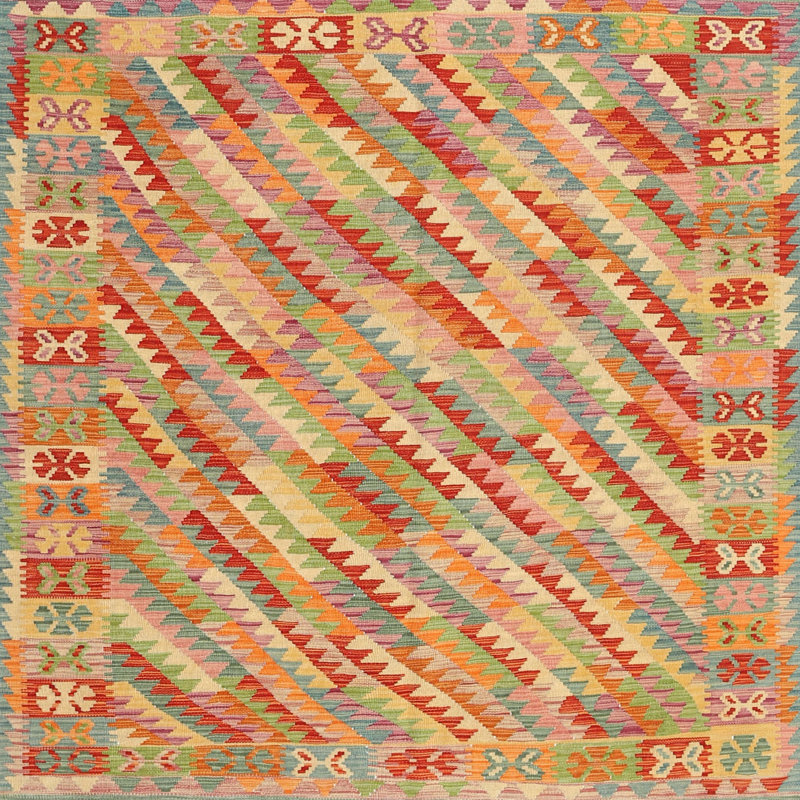 Tapis de zone rouge/orange/vert contemporaine, Carré 4 pi