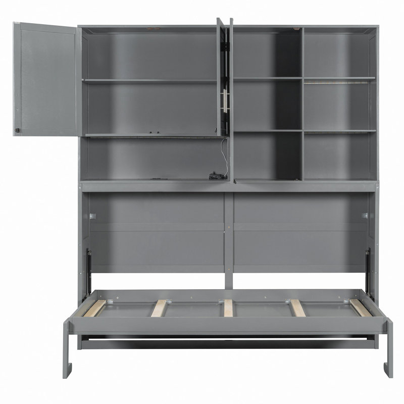 Lit escamotable mural avec armoire supérieure, tablettes, lit pliable peu encombrant avec éclairage et port USB, Gris