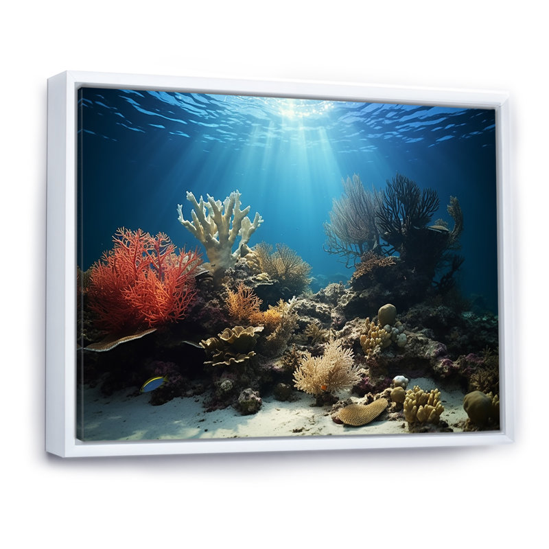 Coral Underwater Paradise - Beach and Ocean Wall Art Living Room, Cadre flottant blanc, H 16 po x l 32 po x P 1 po