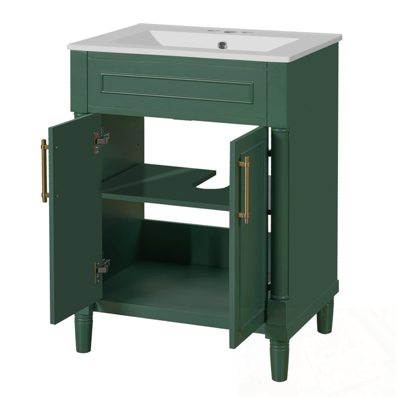 Meuble-lavabo avec lavabo en céramique, 2 portes et tablette réglable, Vert