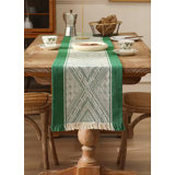 Emerald Geometricdiamond Weave Fringe Cotton Blend Table Runner 14" W