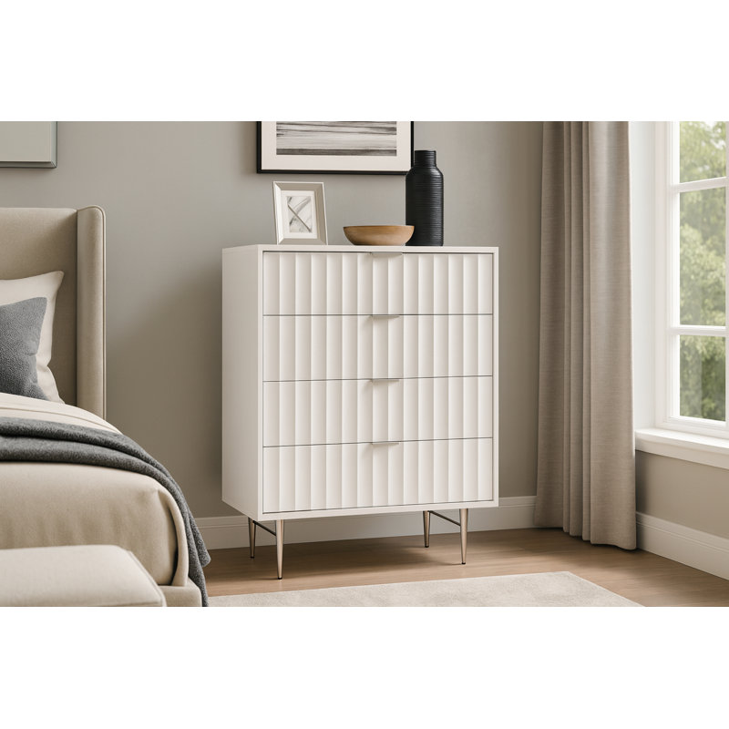 Commode 4 tiroirs Jayvonni, Blanc/argenté