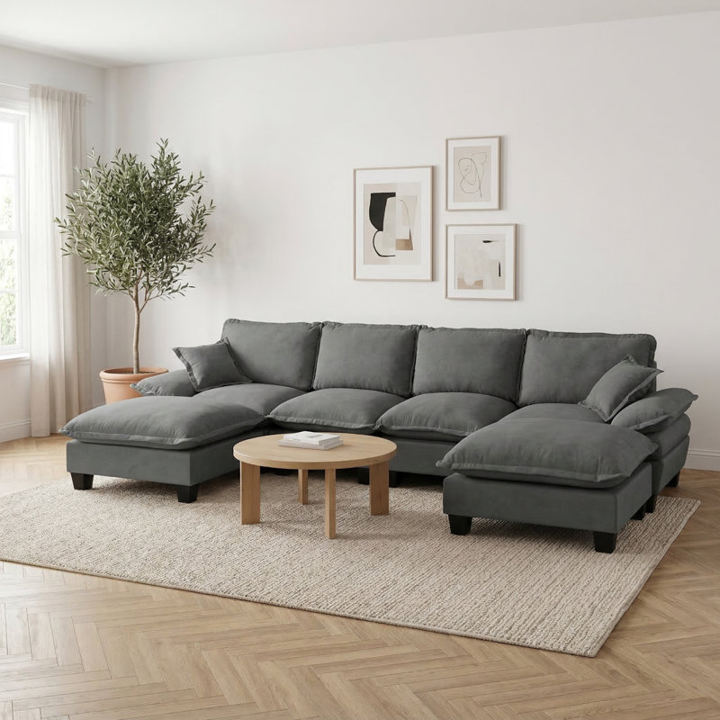 Modular Sectional Sofa, U-Shape Cloud Couch With Sailboat Design, 6-Seater Comfy Chenille Fabric Sofa With Movable Ottomans For Living Room Apartment, Grey