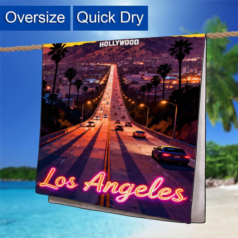 Serviette de plage Hollywood Los Angeles, serviette en microfibre à séchage rapide sans sable 32 po x 63 po pour le voyage en camping