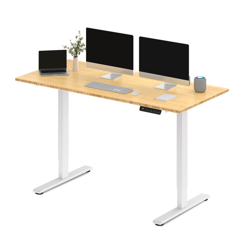 Bureau électrique debout à deux moteurs en bambou, Blanc,  46.65" H x 72" W x 30" D