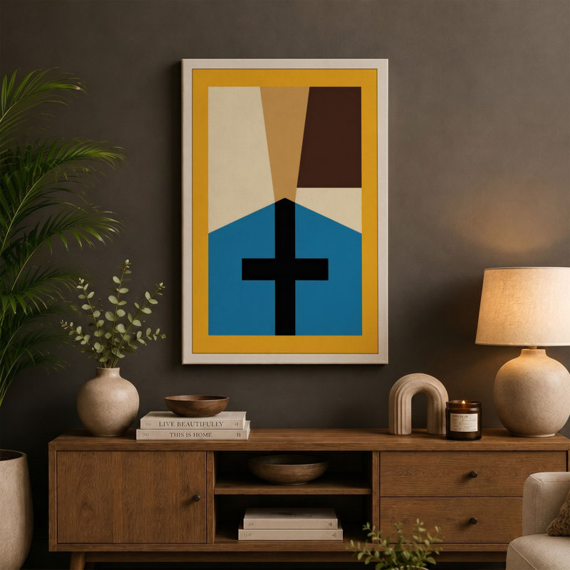 House With Cross Geometric - Wrapped Canvas, 24x16 - 61.0 x 40.6 cm, Teal Border