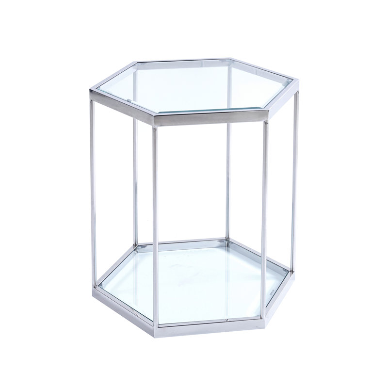 Table de bout en verre, table d'intérieur, table de chevet, table de chevet avec cadre en acier inoxydable, Argent argent
