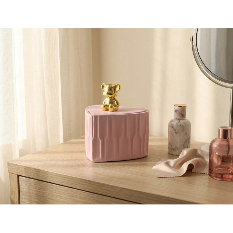 Boîte à bijoux en résine rose en forme de cœur avec ours en or métallique sur couvercle, boîte décorative et rangement à bijoux