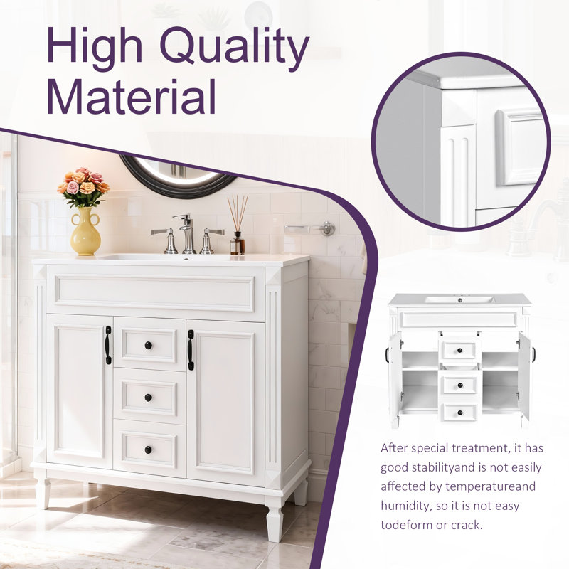 Meuble-lavabo simple 36 po avec 2 portes et tiroirs à fermeture douce, Blanc