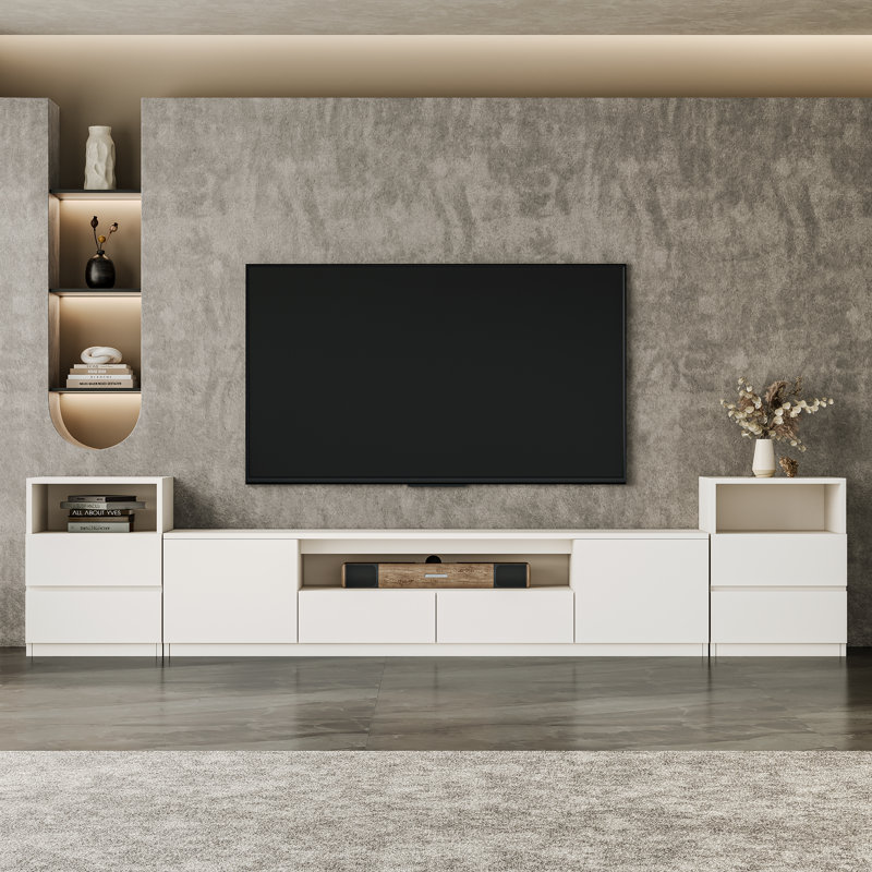 Modern 118.2'' White Entertainment Center For 55/58/65/70/75 Inch Tv, Wood Media Console Includes Tv Stand And Two Drawer Storage Cabinet Nightstand For Living Room Bedroom