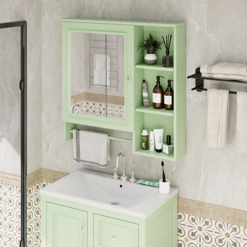 Armoire de rangement murale avec grande porte miroir, Vert/doré