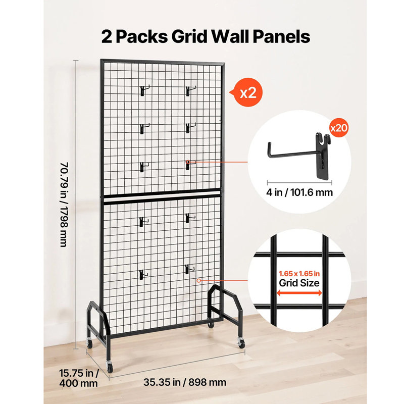 Support d'affichage mural Grid - Acier au carbone noir mobile avec roues et crochets, multifonctionnel pour matériel de décoration