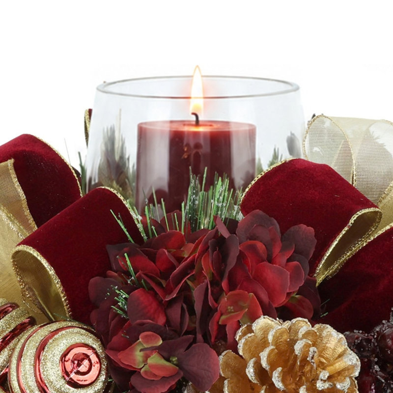 Holiday Candle Holder With Hydrangeas, Pinecones And Ribbon