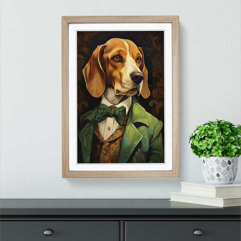 Beagle Nouveau No.2 - Single Picture Frame Print on Wood, Oak Framed, 64cm H x 46cm W x 2cm D