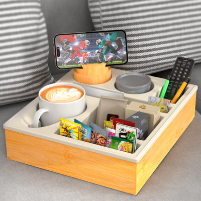 Plateau porte-gobelet pour canapé - Organisateur de canapé, chariot de plage en silicone avec porte-gobelet, porte-gobelet pour canapé et lit et plateau pour canapé (beige)