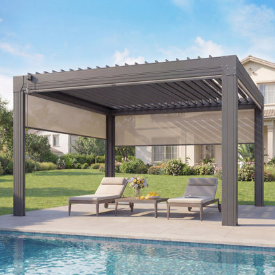 12' x 12' Louvered Pergola with Pull-Down Screens, Aluminum Outdoor Pergola with Retractable Roof for Patios, Decks & Backyards, Black