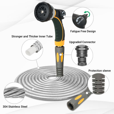 TheFitLife Flexible Metal Garden Hose - 100 FT Lightweight Stainless Steel Water Hose with Solid Fittings and Sprayer Nozzle - Leak Proof, Kink Free, Anti-rust, Large Diameter, Durable and Easy Storage