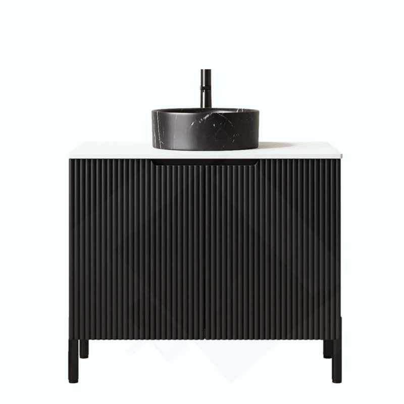 Meuble-lavabo de salle de bain avec lavabo, armoire de rangement de salle de bain autoportante avec lavabo rond en céramique à 2 portes avec motif en pierre et comptoir en pierre frittée Carrara, sans robinet