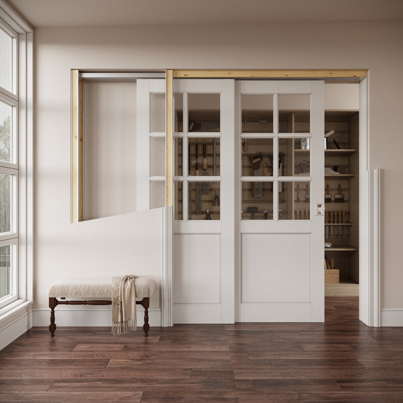 Porte intérieure en verre transparent à 6 lumières, portes en MDF et en verre trempé CARB P2, avec cadre solide renforcé et serrure de poche argentée et ensemble de quincaillerie, pré-fini et imperméable, pour garde-manger, chambre à coucher et garde-robe, facile à bricoler, 72 "x 80"