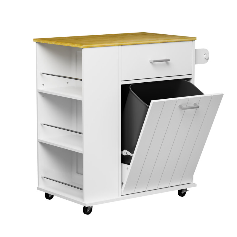 Rolling Kitchen Island with Pull-Out Trash Bin Cabinet,Kitchen Storage Cart On Wheels with 3 Tier Spice Rack,1 Drawer Bamboo Countertop,for Small Space
