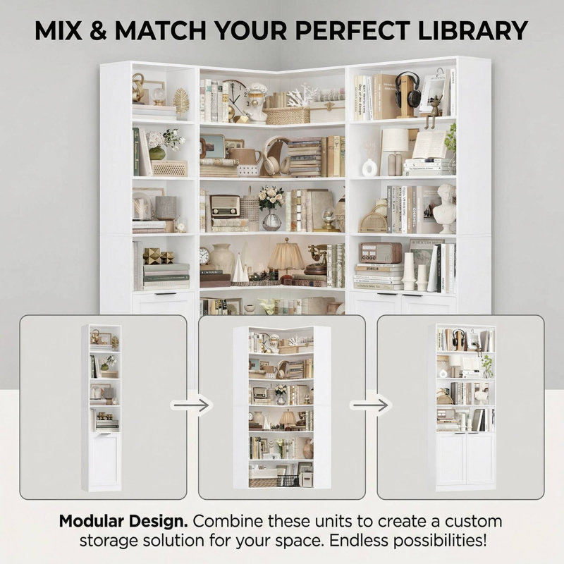 Modular Bookshelf Set: 3-In-1 Customizable Storage Shelf With Doors & Corner Unit, Space-Saving Design, White
