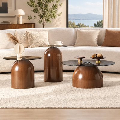Ensemble de 3 tables basses rondes gigognes avec dessus en verre