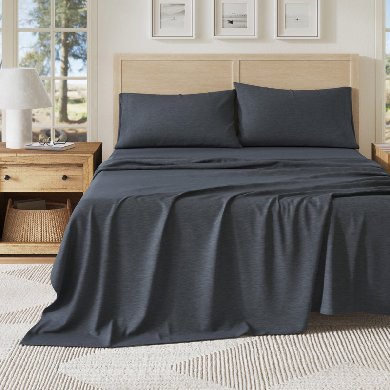 Ultra-Soft Cotton Heathered Melange Jersey Knit Sheet Set, Navy, Full with 2 Pillowcases