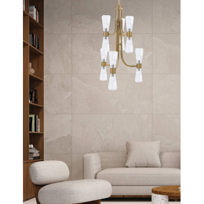 Allendale 12 Light Chandelier Shown In New Age Brass Finish With 4" Clear Ribbed Glass