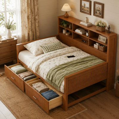 Lit de jour simple en bois avec panneau cannelé, 6 tablettes de rangement, 2 tiroirs et station de charge, noyer