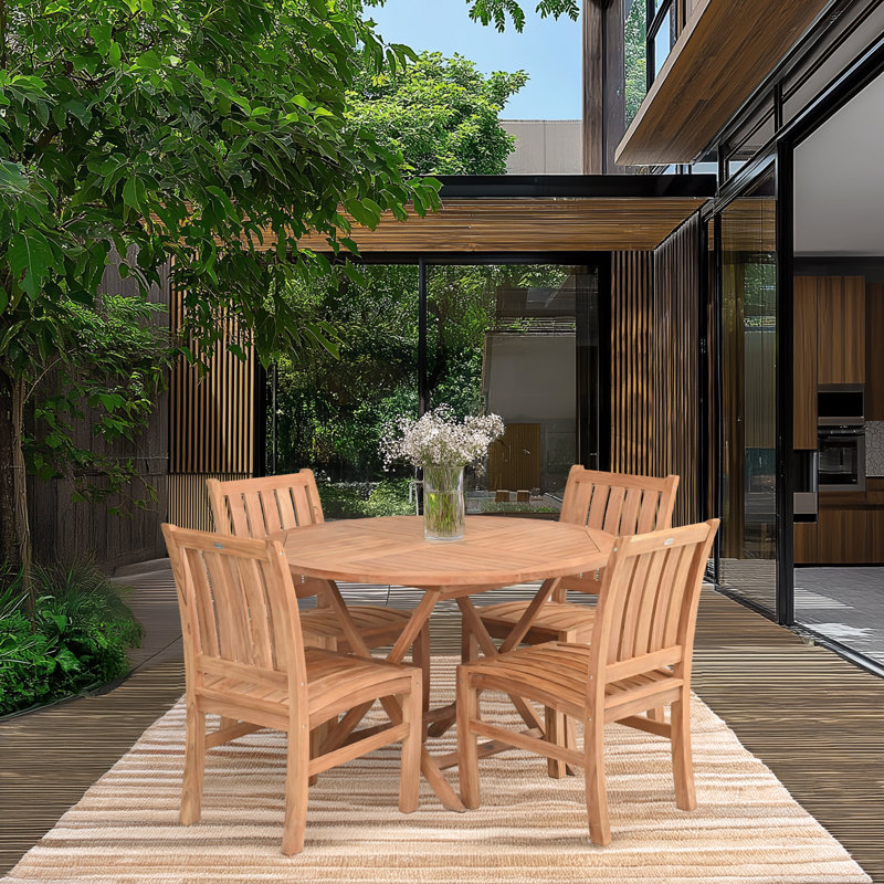 5 Piece Teak Wood Outdoor Patio Dining Set Including 47" Round Java Table And 4 Abaco Side Chairs