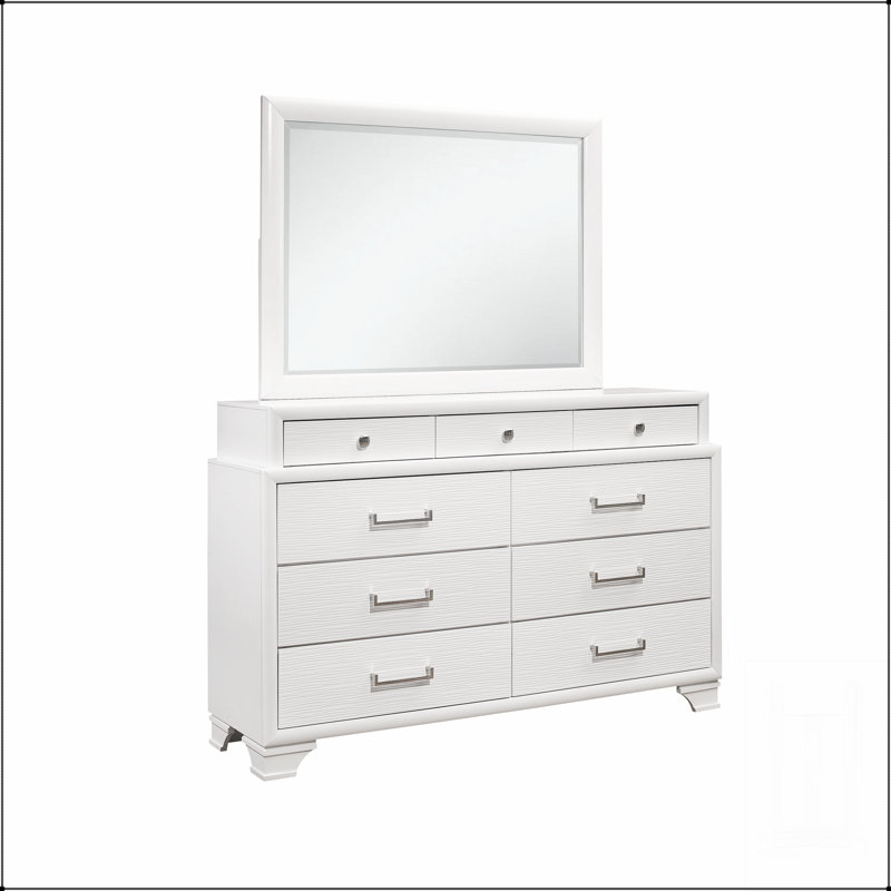Miroir civique blanc avec bordure en bois, élégant et fonctionnel, pour la fixation de la commode et l'amélioration de la pièce.