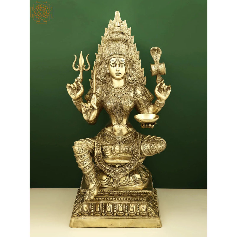 32" Large Brass Mariamman Statue – South Indian Goddess Durga Idol with Shaivite Attributes for Home Temple & Spiritual Decor