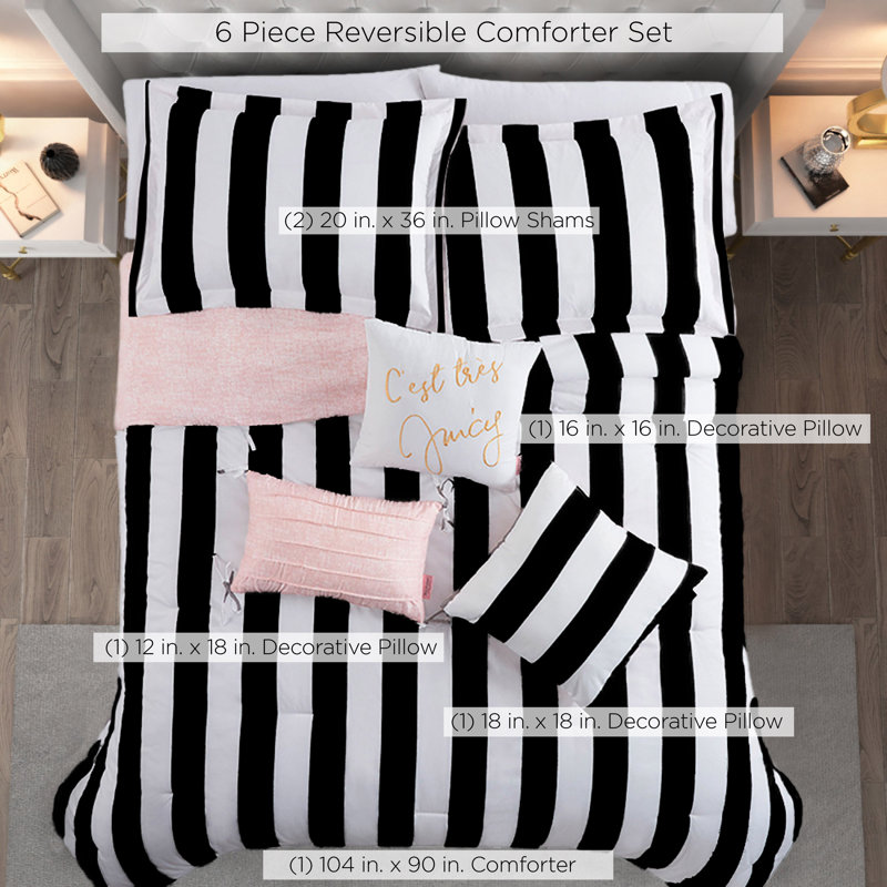 Juicy Couture Cabana Stripe Comforter Sets, King Comforter + 2 Shams + 3 Throw Pillows, Black/White