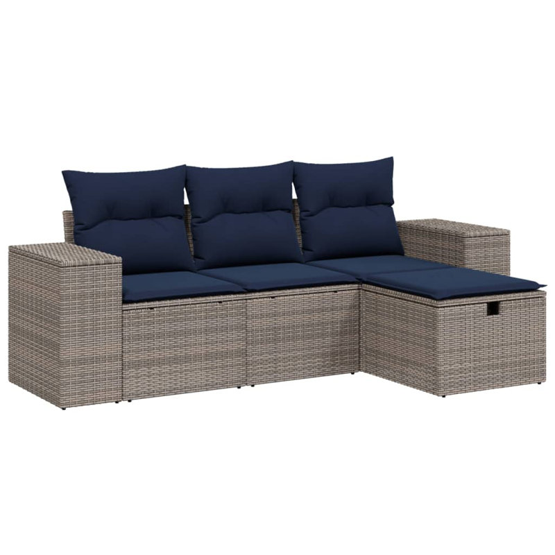 Ebern Designs 4 Piece Patio Sofa Set With Cushions Black Poly Rattan, Gray, Navy Blue