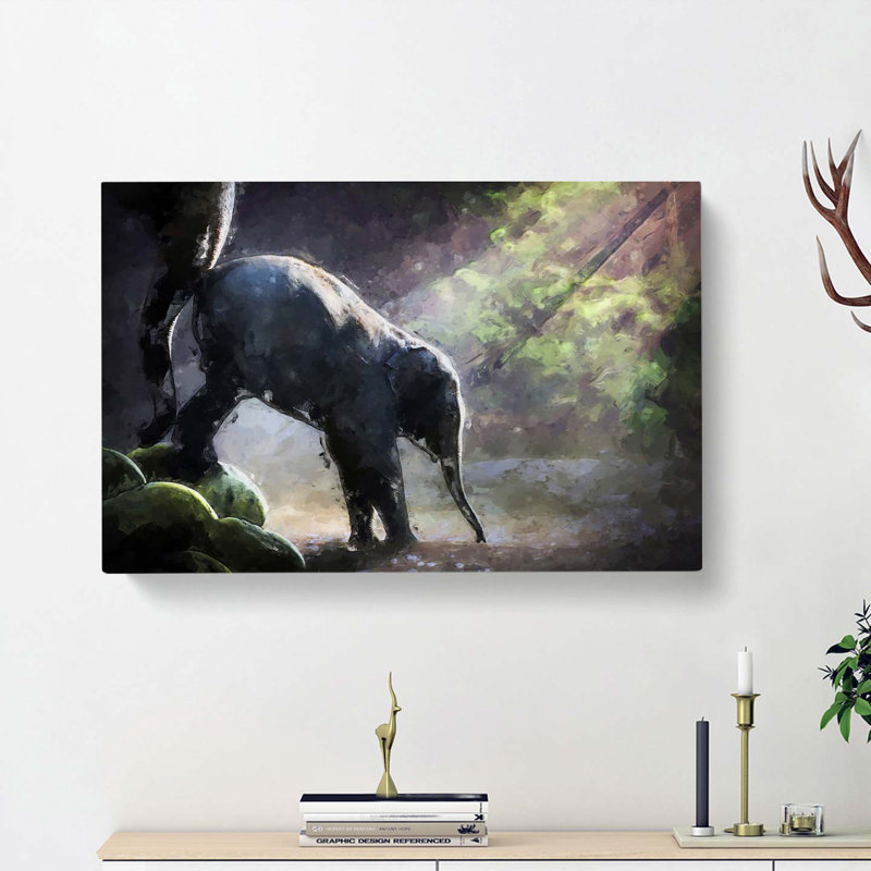 Mother Elephant Encouraging Baby In Abstract - Wrapped Canvas, 60cm H x 91cm W x 3cm D