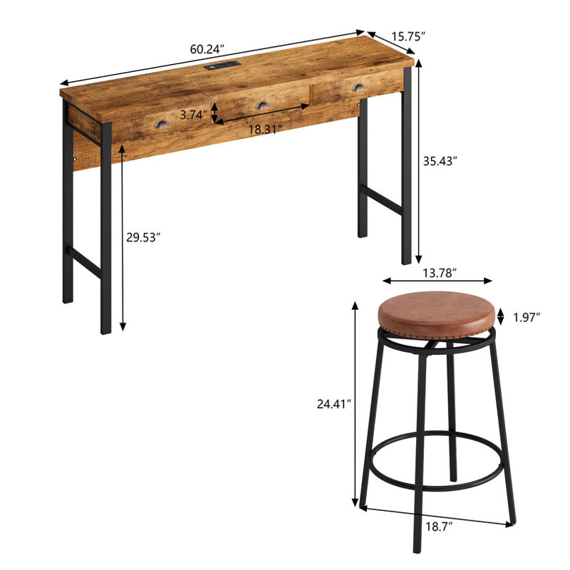 3-Drawer 72-Inch Long Dining Table Set with Built-in Power Outlets Bar Height Kitchen Table & 4 Circular PU Stools Easy Assembly Sturdy Wood Frame for Dining Room & Kitchen