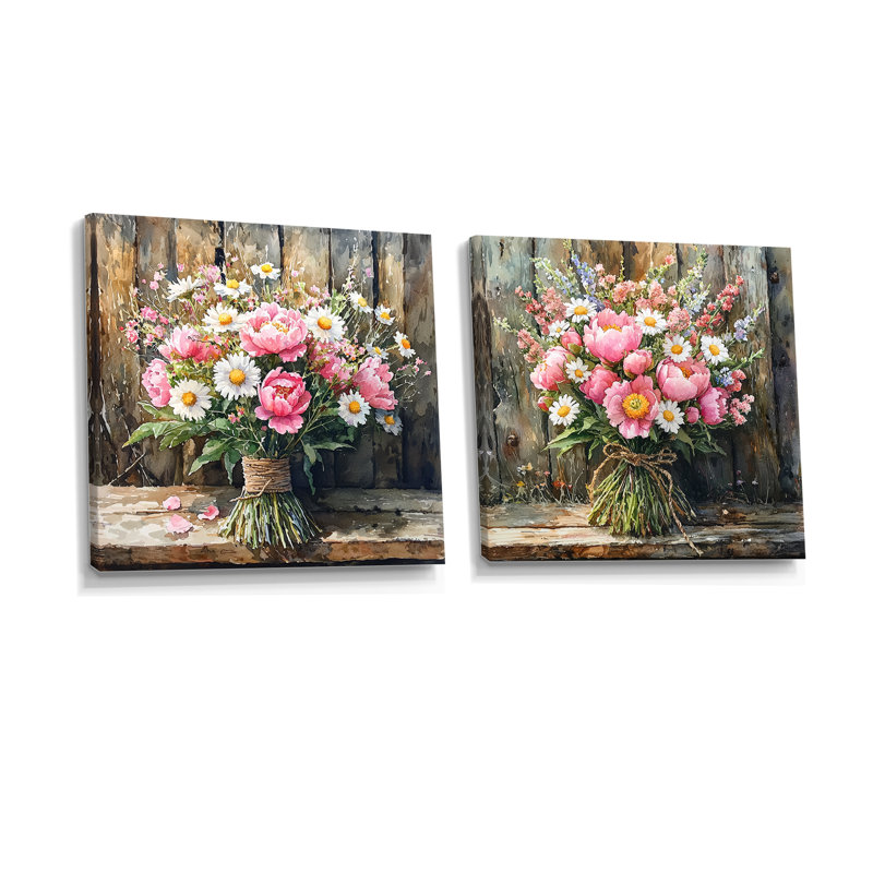 Rustic Romance Wildflowers Bouquet I - Assortiment de bouquets assortis - Ensemble d'art mural traditionnel 2 pièces