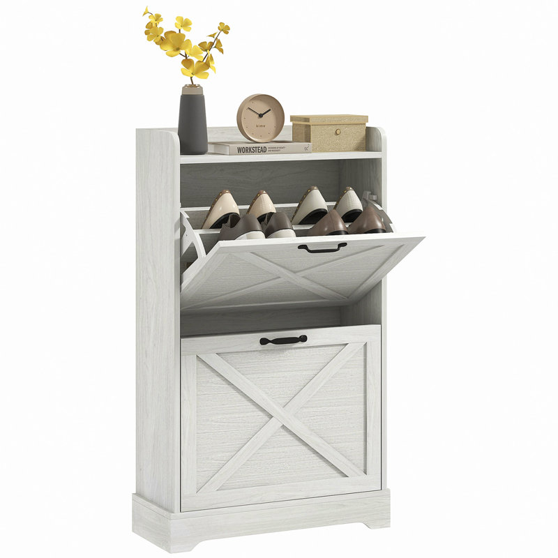 Slim Shoe Cabinet For Entryway, Farmhouse Hidden Shoe Storage Cabinet With Flip Drawers And Adjustable Shelves For Shoes