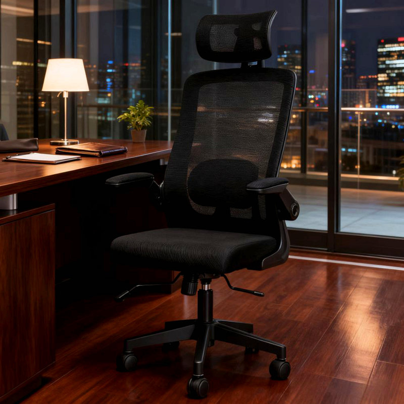 Chaise de bureau en filet, chaise de bureau, avec accoudoir rabattable, appui-tête rotatif, support lombaire réglable
