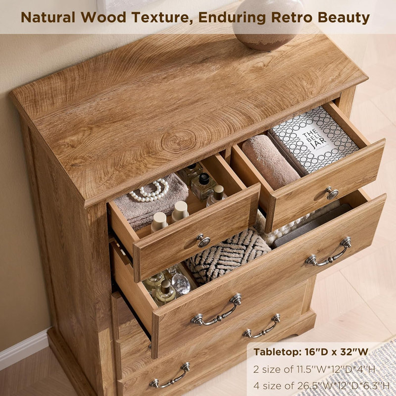 Krijna 32" W  Vintage 6 Drawers Dresser Chests, Wood Rustic Tall Chest of Drawers, Light Knotty Oak