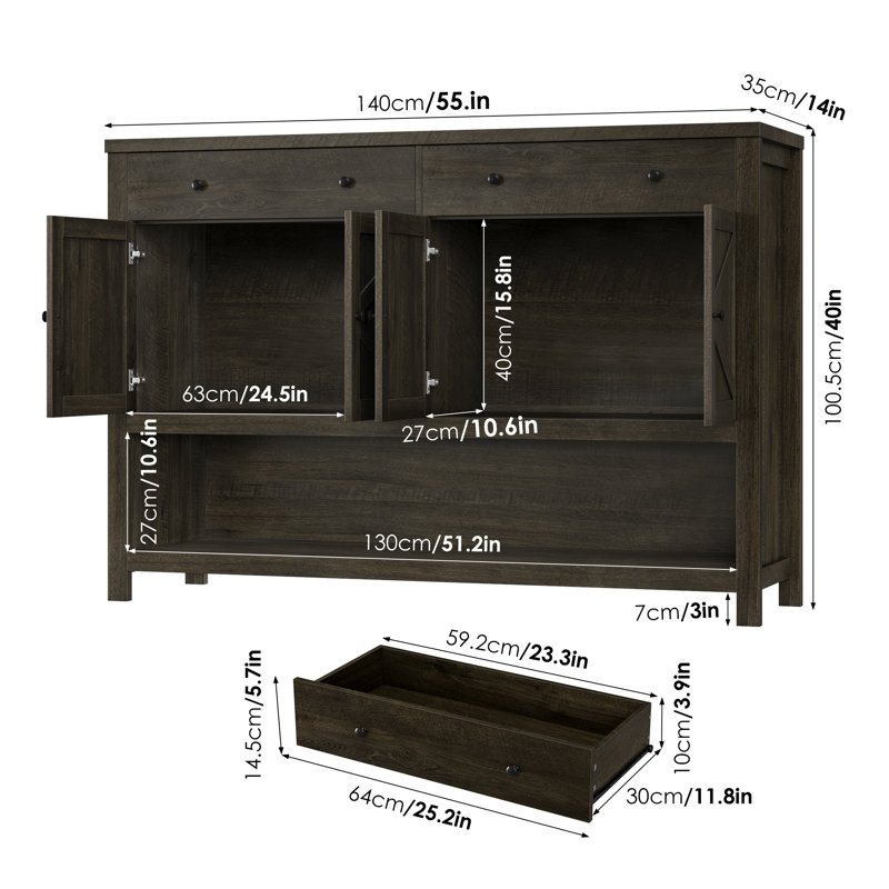 55.1"W Sideboard Buffet With Open Shelf And Drawers, Dark Brown