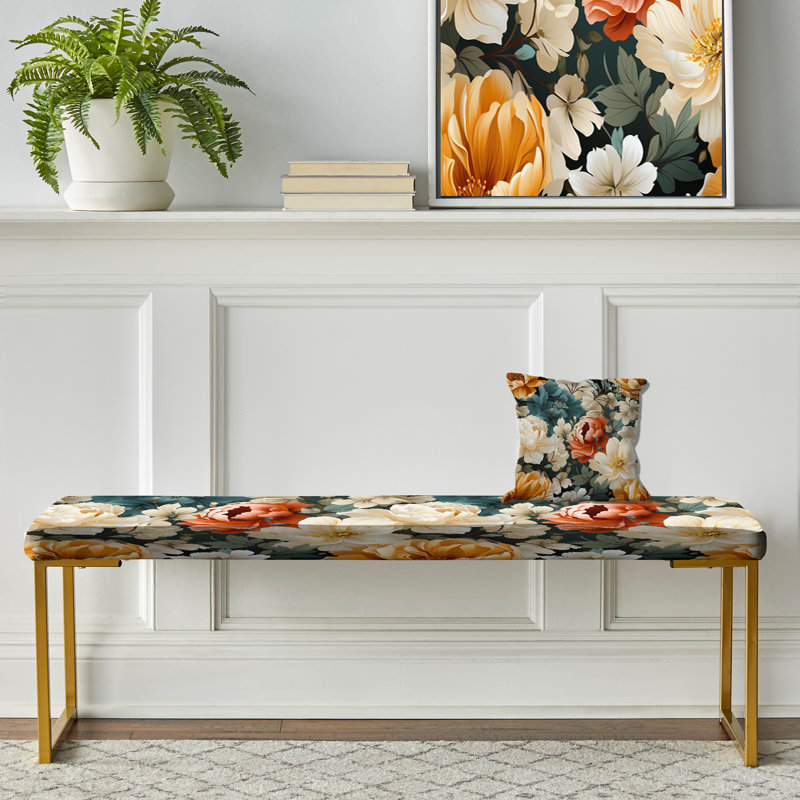 Upholstered Gold Bench, Vintage Yellow White And Blue Floral Pattern