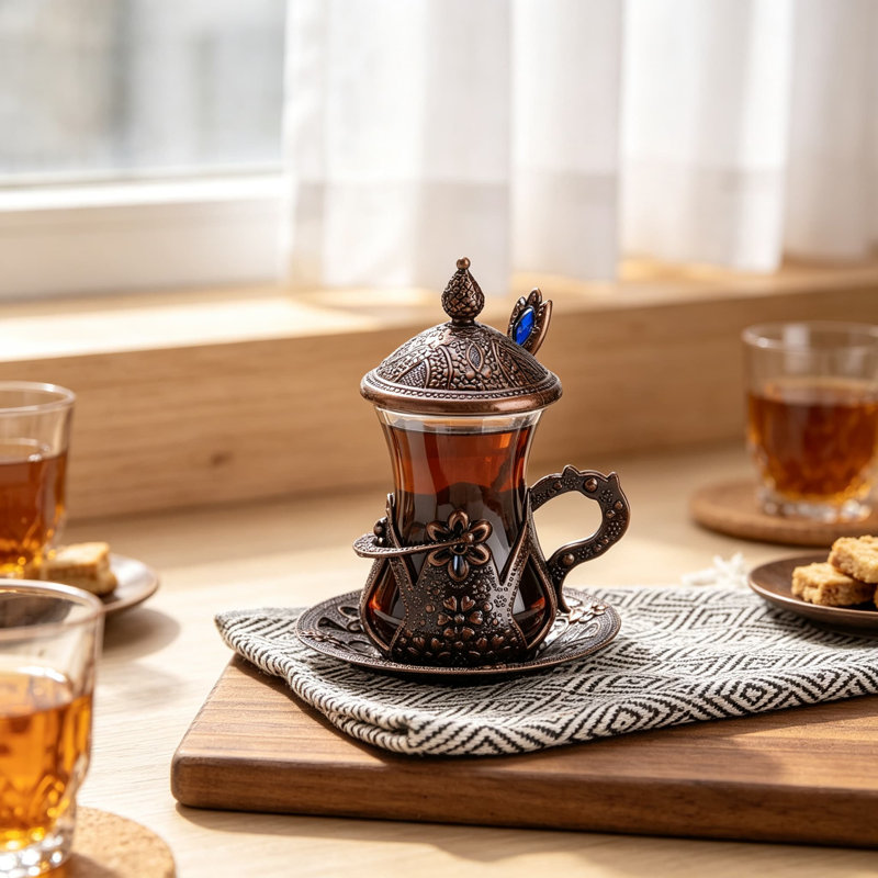 Ensemble de 6 verres à thé faits à la main avec couvercles et cuillères à thé en prime, motifs traditionnels en cuivre, verres à thé du Moyen-Orient élégants pour une expérience thé authentique