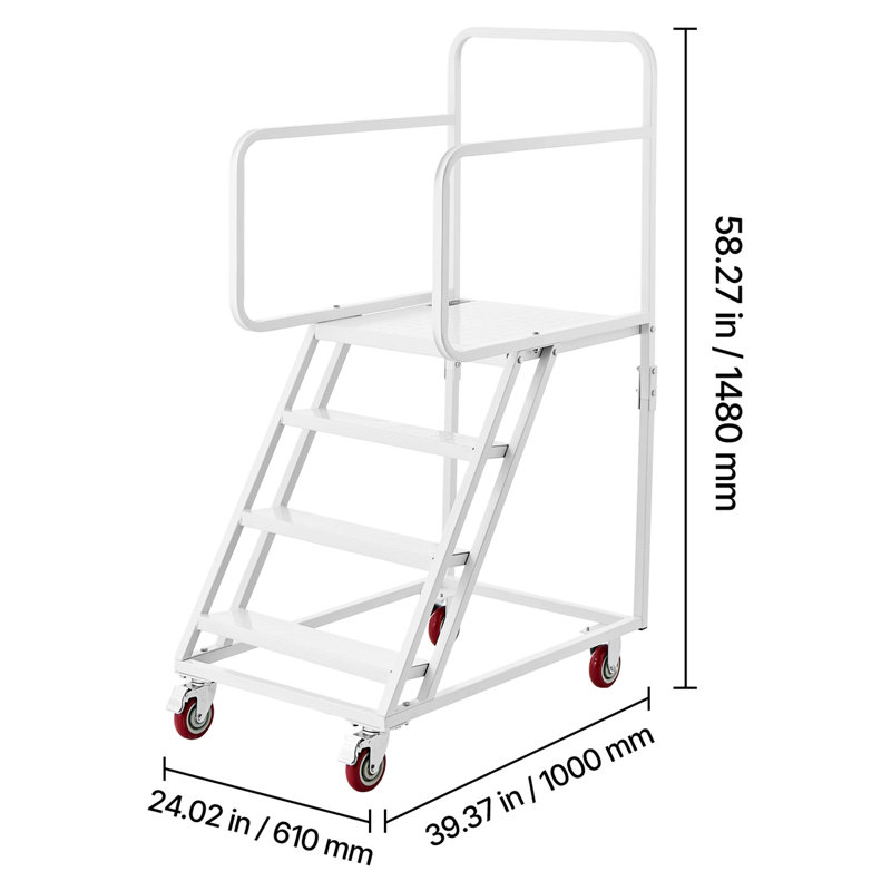 Échelle roulante à 4 marches pour entrepôt, escalier mobile industriel en acier allié, avec rampes, marches antidérapantes et roues verrouillables, plateforme robuste pouvant supporter jusqu'à 400 kg (880 lb) pour garage, bibliothèque ou usine.