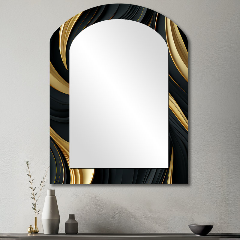 Shanaghy Paisley Black And Gold Elegant Ebony - Paisley Arch Decorative Mirror, Glam Asymmetrical Wall Mirror, Printed Metal Art