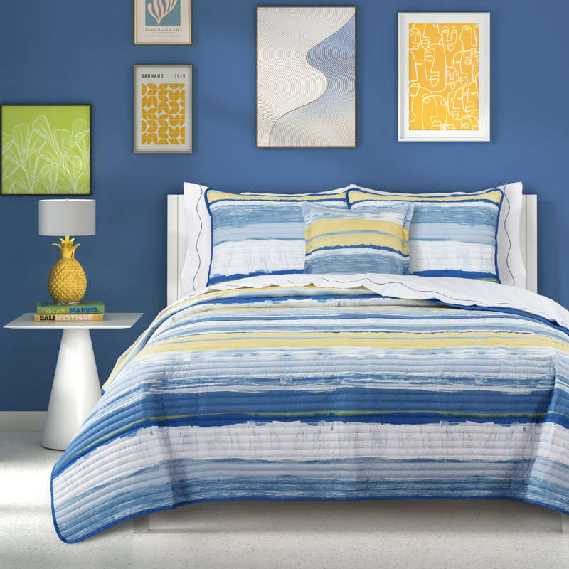 Nautical Blue Microfiber Queen Quilt Set with Stripes