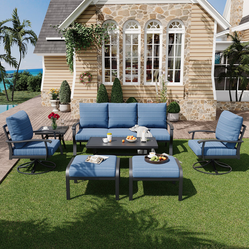 7 PCS Outdoor Metal Conversation Set With 360° Swivel Rocking Chairs, Sofa, Coffee Table&Ottoman For Patio, Garden, Deck Or Poolside